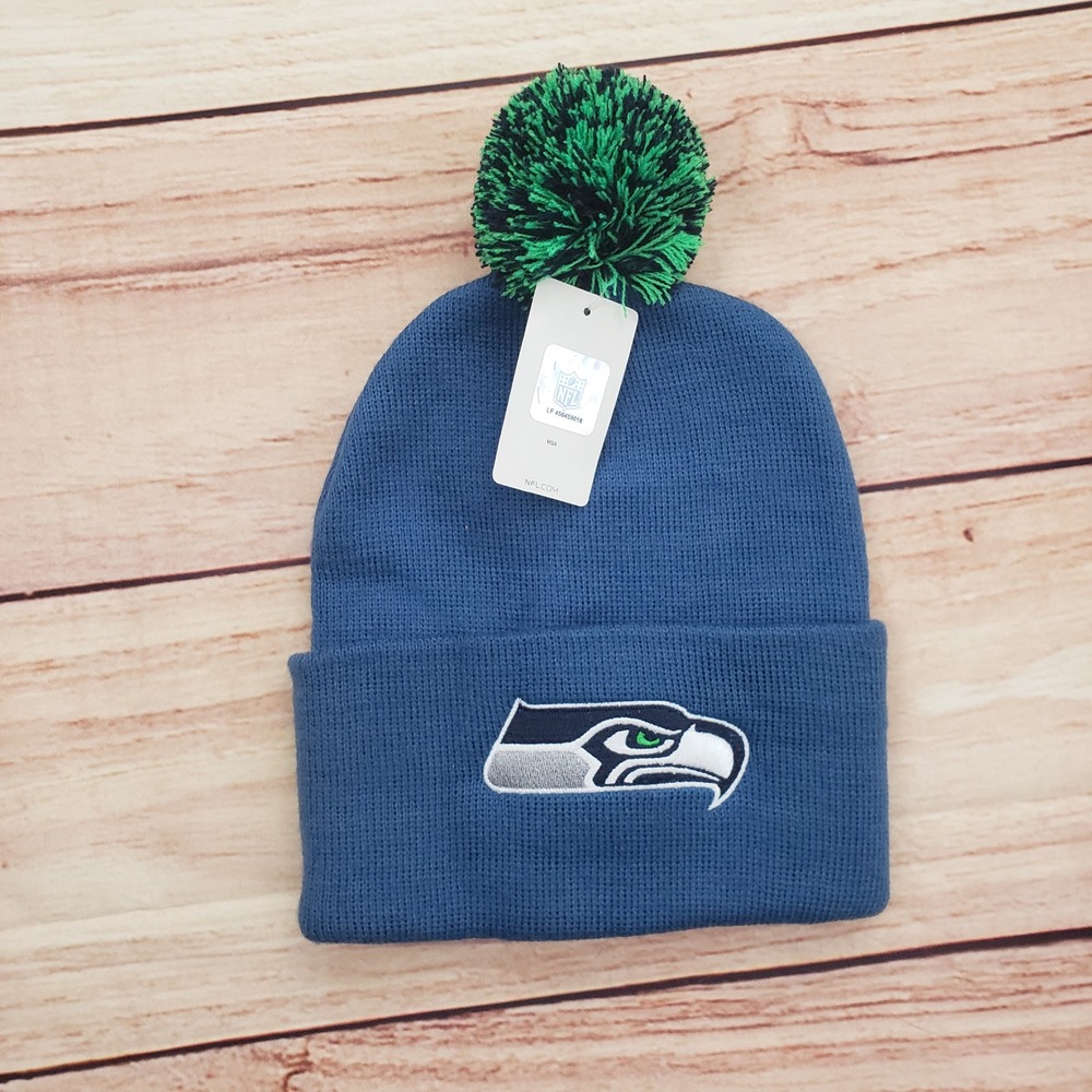 Seattle Seahawks Hat Cap Beanie One Size Blue Green NFL Football Pom Mens NEW A3
